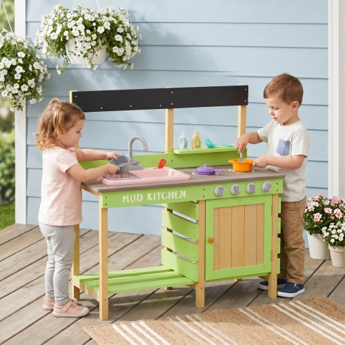 Kids Outdoor Wooden Mud Kitchen with Water Play Sink & Cooking Toys, Gift for 3-8