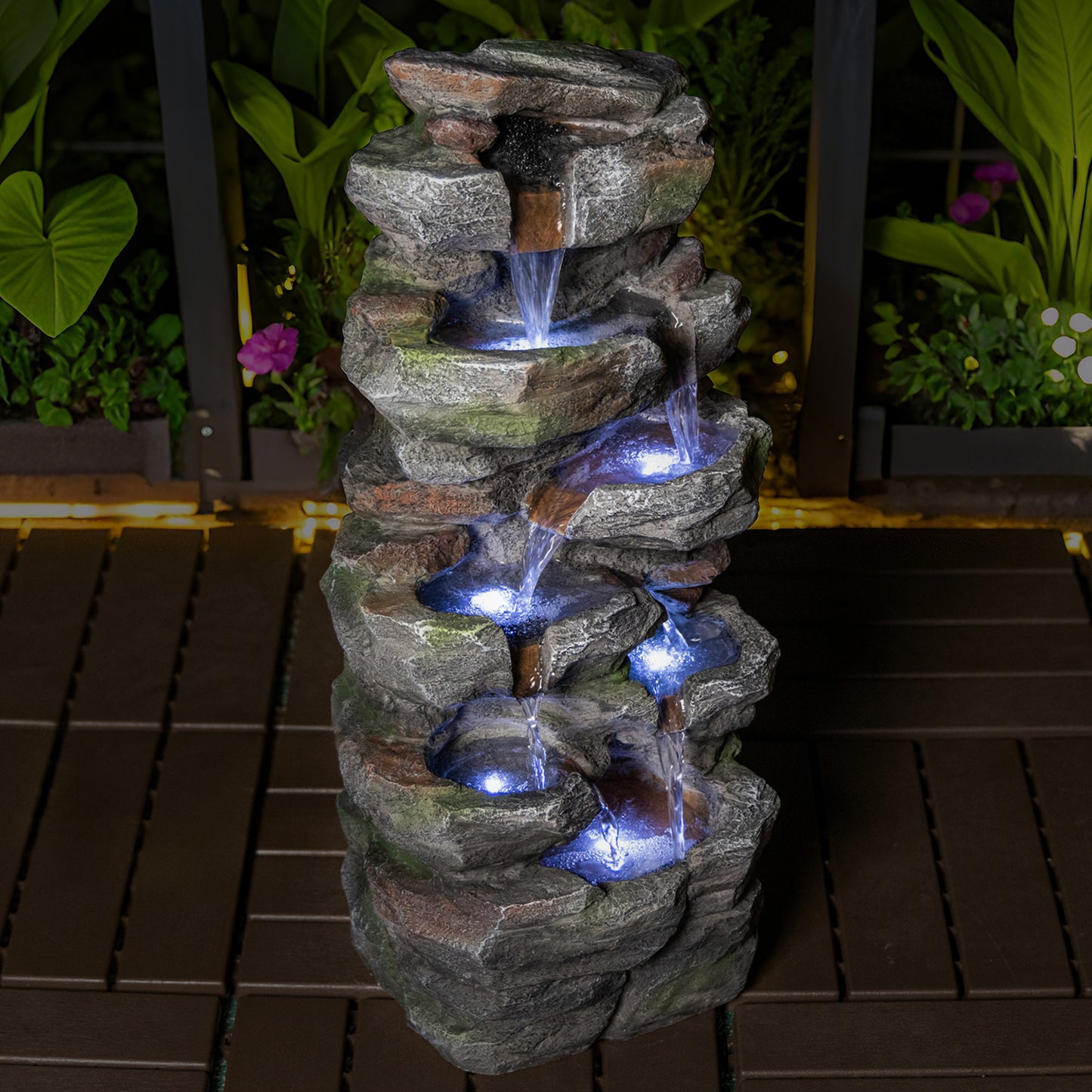 Rock Waterfall Outdoor Fountain with LED Lights, 23.6" Tiered Stone Garden Decor