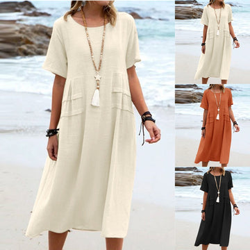 Women's Round Neck Cotton Linen Midi Dress