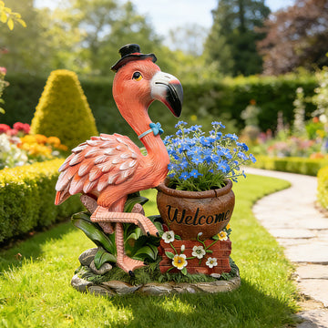 Flamingo Flower Pot Planter, Whimsical Resin Garden Statue with Welcome Sign