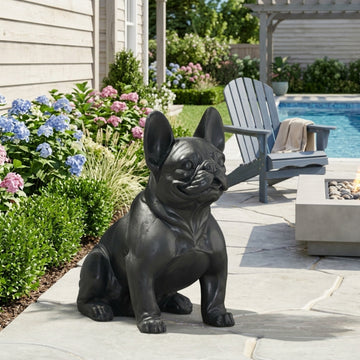 French Bulldog Garden Statue, Cast Stone Outdoor Decor with Matte Black Finish