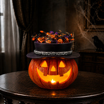 Halloween Pumpkin Candy Bowl with Witch Hat, Light Up Jack O Lantern Tabletop Storage Decor