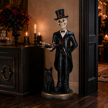 Majestic 35" Halloween Skeleton Butler Statue with Serving Tray & Black Cat – Gothic Resin Floor Sculpture with Vintage Distressed Finish, Spooky Elegant Entryway Decor & Functional Candy/Key Holder for Home, Porch & Party