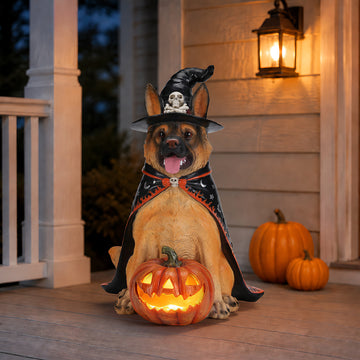 Halloween German Shepherd Statue, Large Witch Dog Figurine with LED Light Up Pumpkin