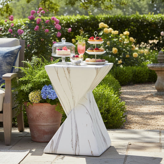 Modern Geometric MGO Side Table, Twisted Marble End Table for Indoor & Outdoor Decor
