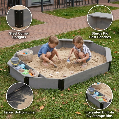 Kids Outdoor Octagon Sandbox, Solid Wood Sandpit with Cover & Liner