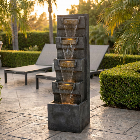 Tall 4-Tier Cascading Water Fountain, 39.4" LED Lighted Stone-Look Garden Water Feature