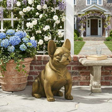 French Bulldog Garden Statue, Cast Stone Outdoor Decor with Rustic Gold Finish