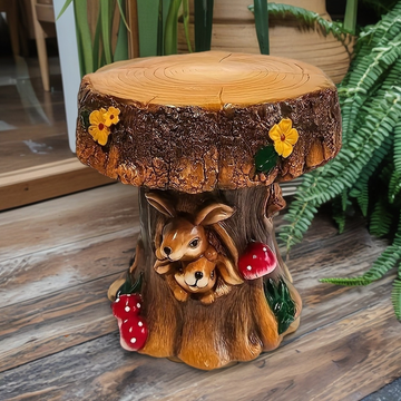 Whimsical Resin Rabbit Tree Stump Garden Stool – 13.4" Hand-Painted Forest Chair with Flowers & Mushrooms, Sturdy Indoor/Outdoor Side Table for Patio, Balcony, Backyard & Autumn/Fall Decor
