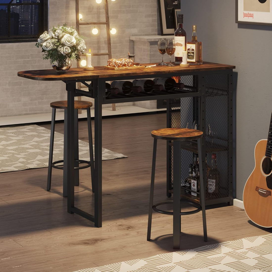 Bar Table and Chair Set, Industrial Expandable Dining Table with 2 Bar Stools, Kitchen Counter with Wine Rack & 3 Tier Adjustable Storage Shelves Rustic Brown
