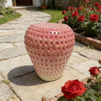 13.4" Pastel Pink Strawberry Resin Stool, Realistic Fruit Side Table for Bedroom, Entryway & Patio
