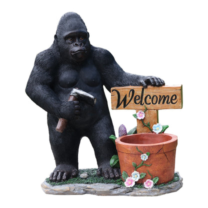 Gorilla Flower Pot Planter, Realistic Resin Garden Statue with Welcome Sign