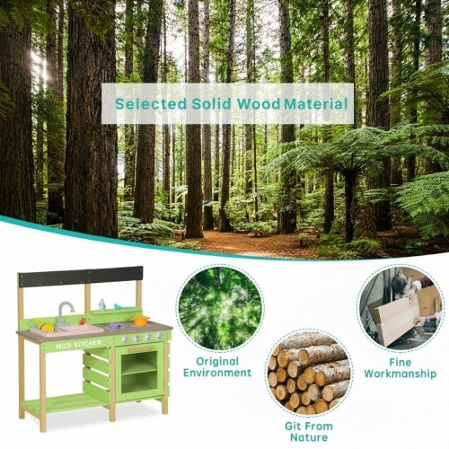Kids Outdoor Wooden Mud Kitchen with Water Play Sink & Cooking Toys, Gift for 3-8