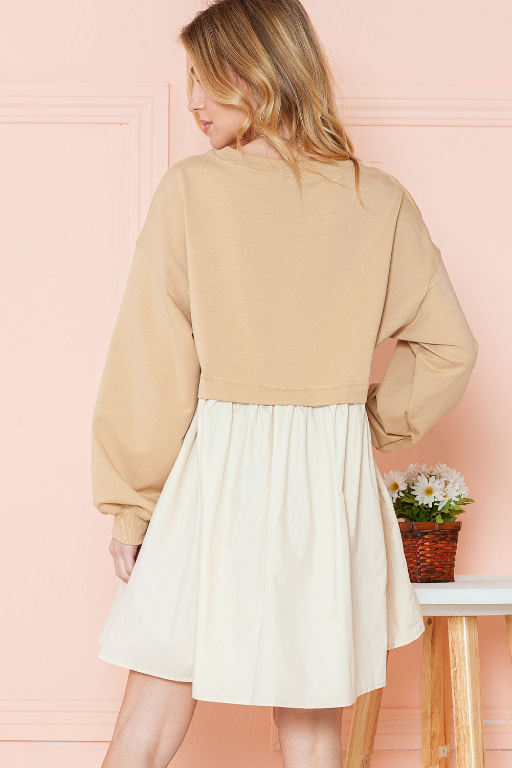 Khaki Sweatshirt Colorblock Flowy Pleated Mini Dress