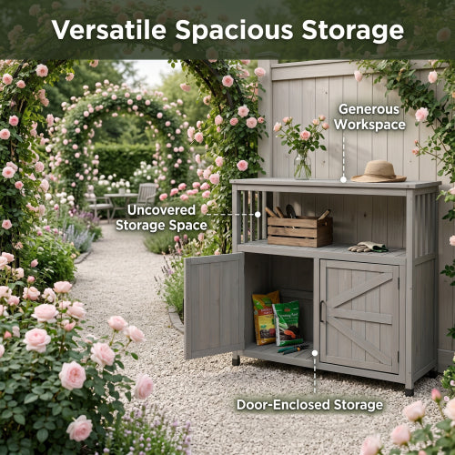 Wooden Outdoor Buffet Cabinet with Storage, Grey Patio Bar Table & Sideboard