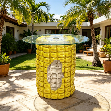 Novelty Corn Cob Side Table with Glass Top – 17" Heavy-Duty Resin Vegetable End Table with Realistic Kernels, Multi-Functional Accent Furniture for Farmhouse Kitchen, Patio, Living Room & Whimsical Home Decor