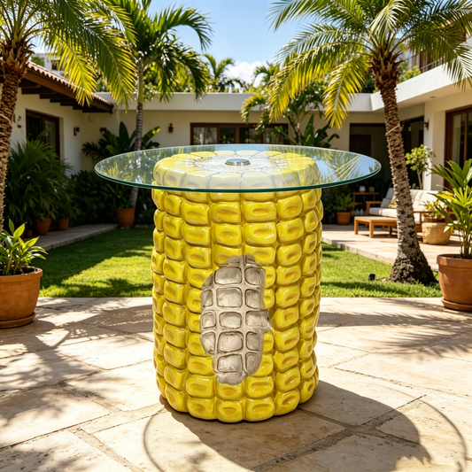 17" Novelty Corn Cob Side Table, Glass Top Resin End Table for Farmhouse, Patio & Living Room