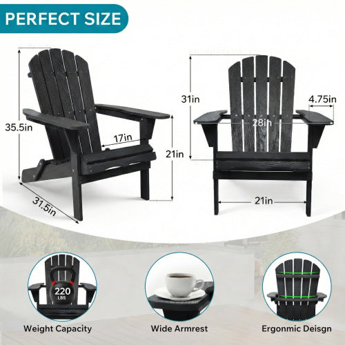 Folding Wooden Adirondack Chair with Embossed Grain, Solid Wood Patio Chair, Black