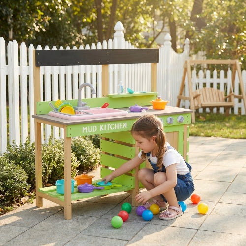 Kids Outdoor Wooden Mud Kitchen with Water Play Sink & Cooking Toys, Gift for 3-8