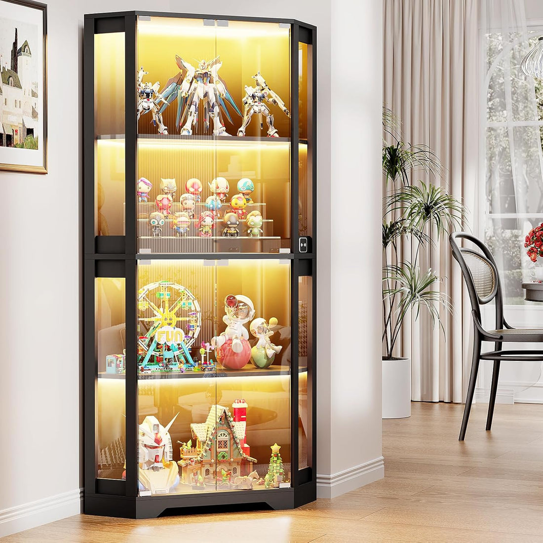 Corner Display Cabinet with Glass Doors, 65" Lighted Curio Cabinet with 3 Color Lights for Collectibles, 4-Tier Display Case Bookcase with Human Body Sensor for Toys, Books, Trophy, Black