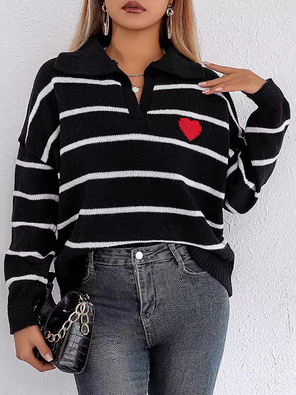 Long Sleeves Loose Heart Print Split-Joint Striped Lapel Sweater Tops