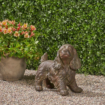 Cocker Spaniel Garden Statue, Cast Stone Outdoor Decor with Antique Brown Finish
