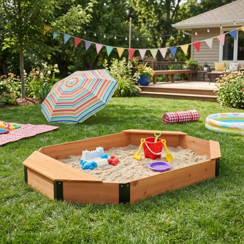 Octagon Kids Sandbox with Storage Seats, Solid Wood Sandpit with Cover & Liner
