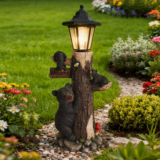 18.9" Solar Bear Family Statue, Resin Tree with 3 Cubs & Welcome Sign, Auto On/Off LED Lamp