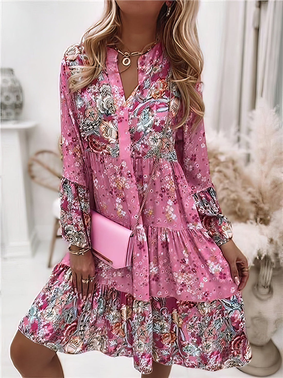 Floral Ruffle Smocked Print V Neck Casual Flare Cuff Sleeve Mini Dress