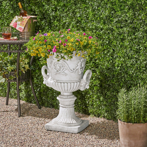 Classic Roman MGO Garden Urn Planter, 28.25" Wide Floral Relief Flower Pot with Handles