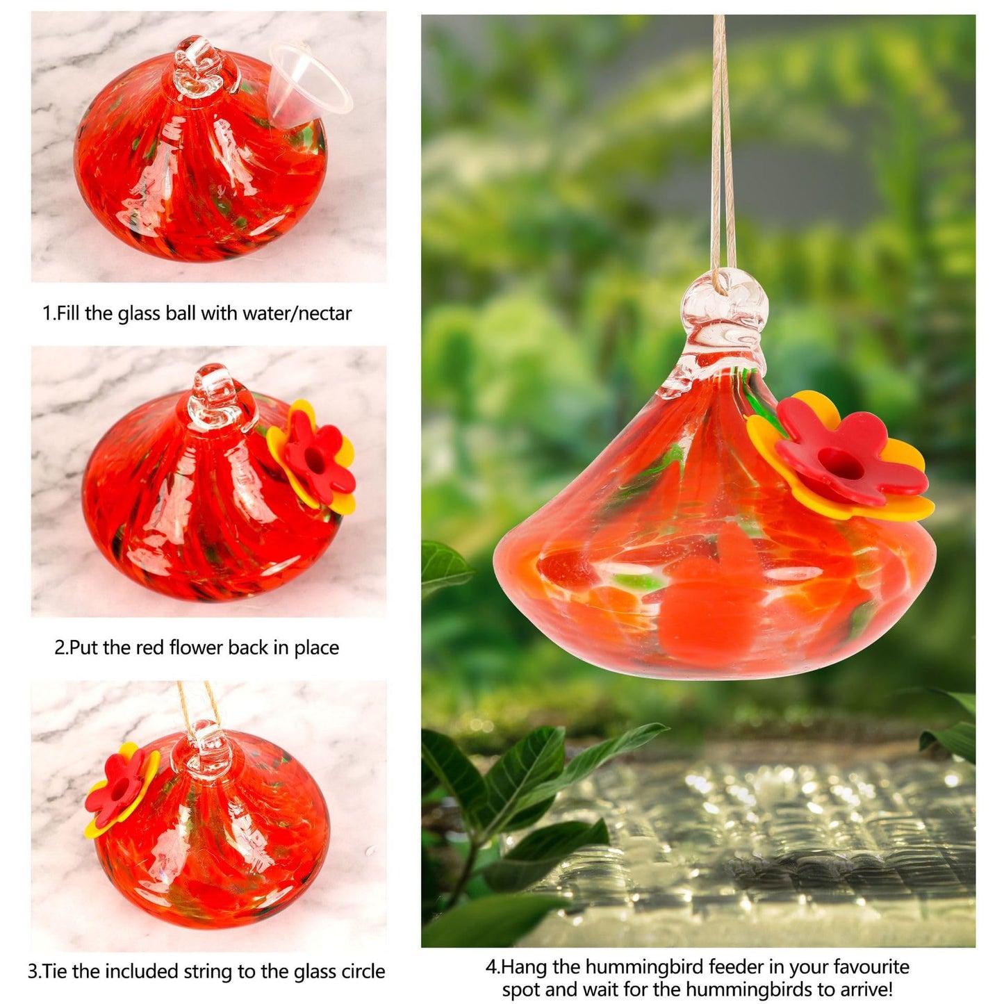 Glass Hummingbird Feeder with Flower Decoration