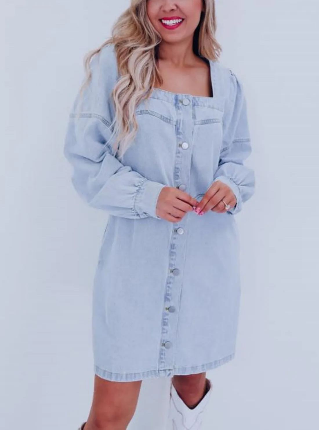 Women's Square Neck Washed Denim Dress