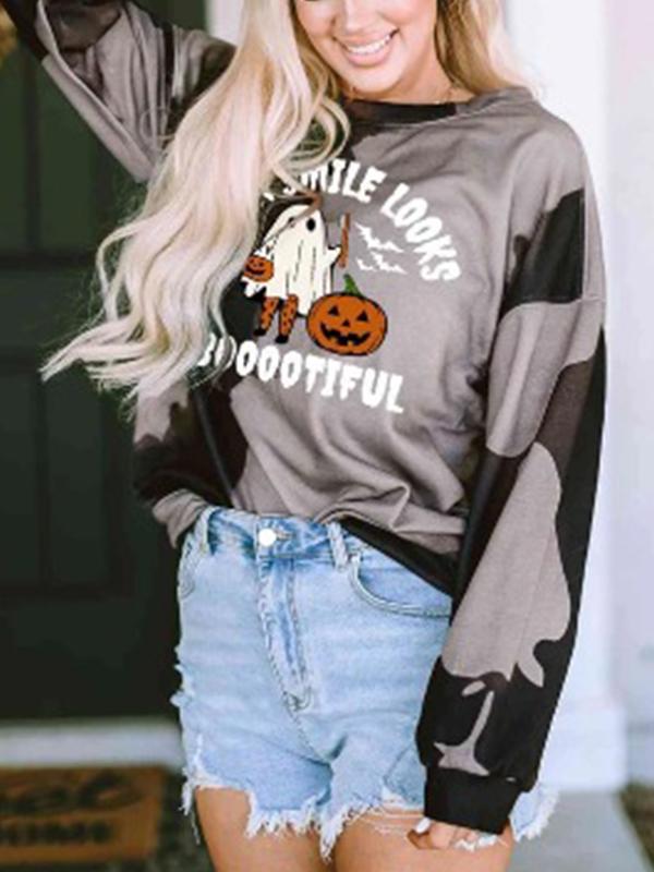 Women's Crew Neck Halloween Ghost Pattern Sweatshirt