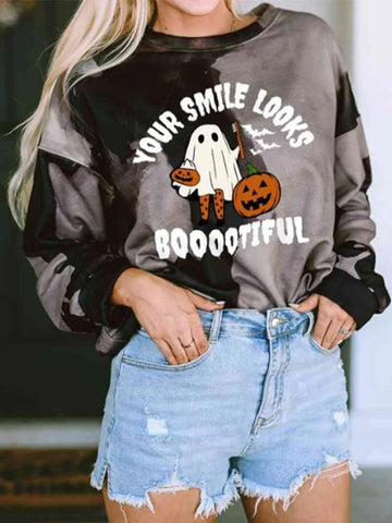 Women's Crew Neck Halloween Ghost Pattern Sweatshirt