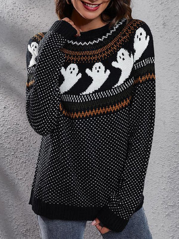 Halloween Ghost Retro Polka Dot Long Sleeve Knitted Sweater for Women