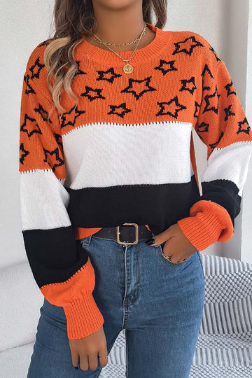 Women's casual color block star hollow lantern sleeve pullover sweater