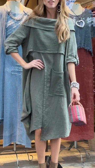 Women's Cotton and Linen Dress with Hem Collar and Mid-length Sleeves