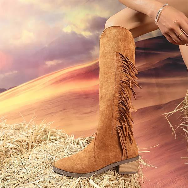 Women's Suede Fringe Knee-High Boots with Block Heel