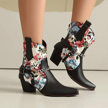 Women's Floral Color Block Metal Chain Western Ankle Boots