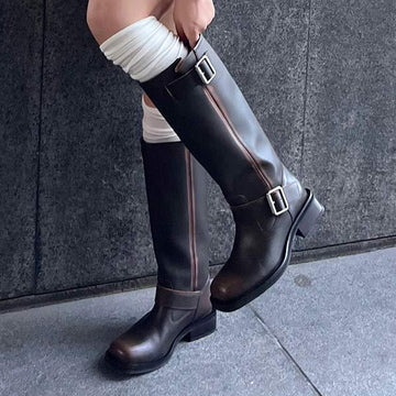 Women's Vintage Chunky Heel Belt Buckle Knee-High Riding Boots