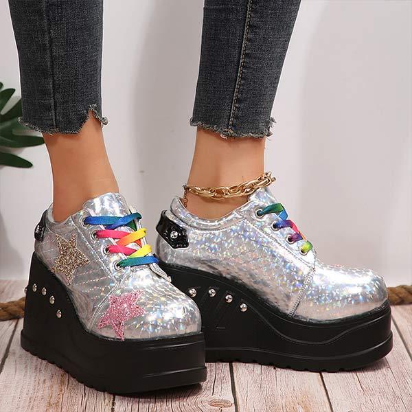 Women's Front Lace-Up Sequin Platform Wedge Loafers