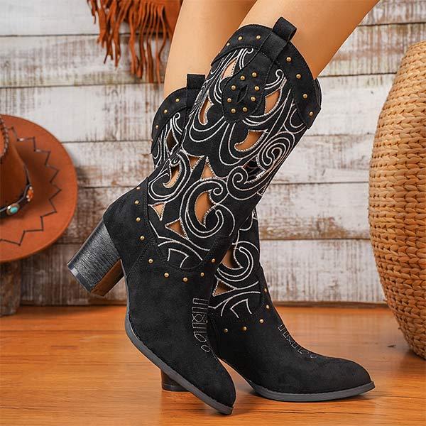 Women's Vintage Embroidered Mid-Calf Chunky Heel Boots