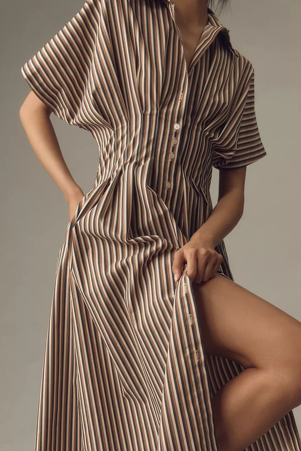 Button-Front Pleated Shirt Dress