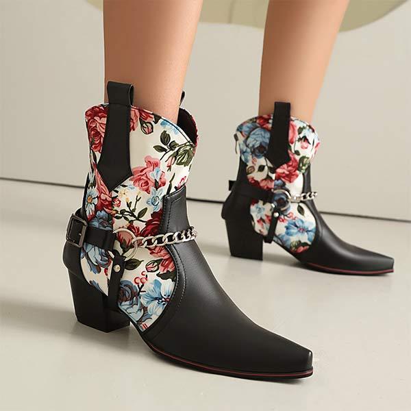 Women's Floral Color Block Metal Chain Western Ankle Boots