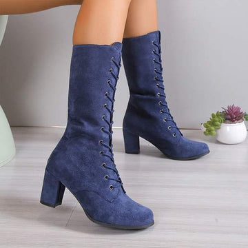 Women's Mid-Heel Chunky Lace-Up Mid-Calf Boots