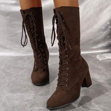 Women's Lace-Up Suede Block Heel Knee-High Boots