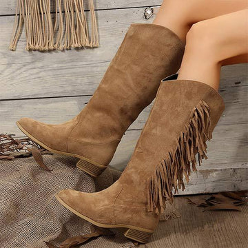 Women's Suede Tassel Block Heel Knee-High Riding Boots