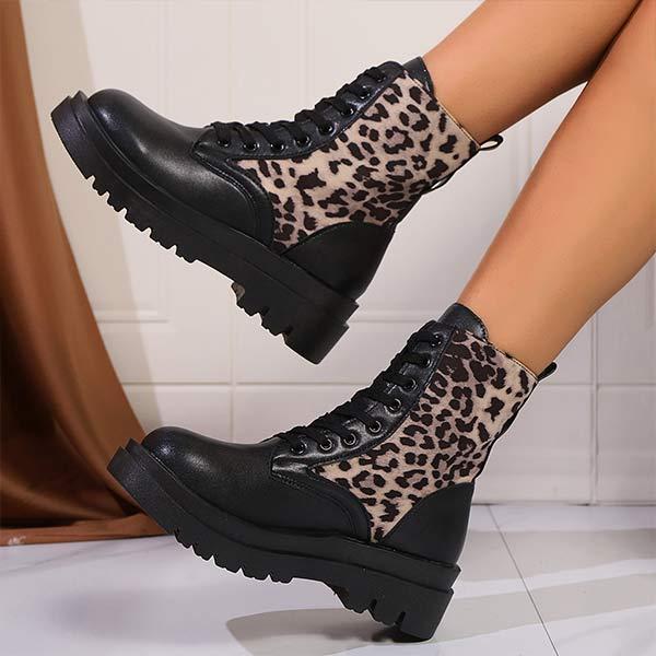 Women's Front Lace-Up Leopard Print Martin Boots