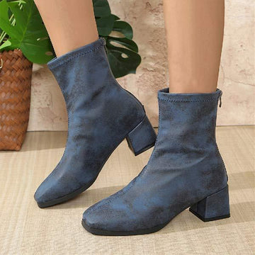 Women's Chunky Heel Ankle Boots with Back Zipper