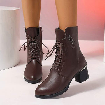 Women's Mid-Heel Chunky Martin Boots with Side Zipper